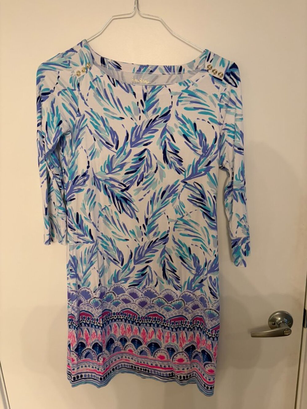 Lilly Pulitzer UPF 50 Sophie Dress Blue Leaf Print Boat Neck 3/4 Sleeve Small